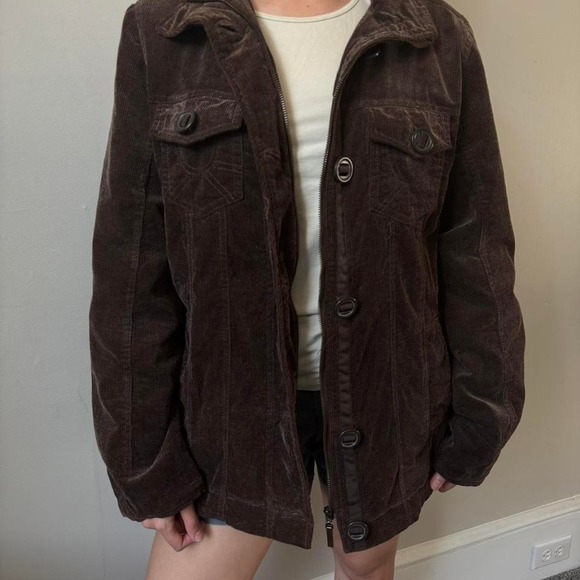 Vintage Medium Brown corduroy Midi Zip Up Button Up faux fur lining Jacket - Picture 1 of 8